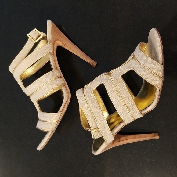 💕TORY BURCH💕 Leather Cage Sandal Heels ~ Open Toe Canvas & Gold 7.5 - Picture 6 of 14